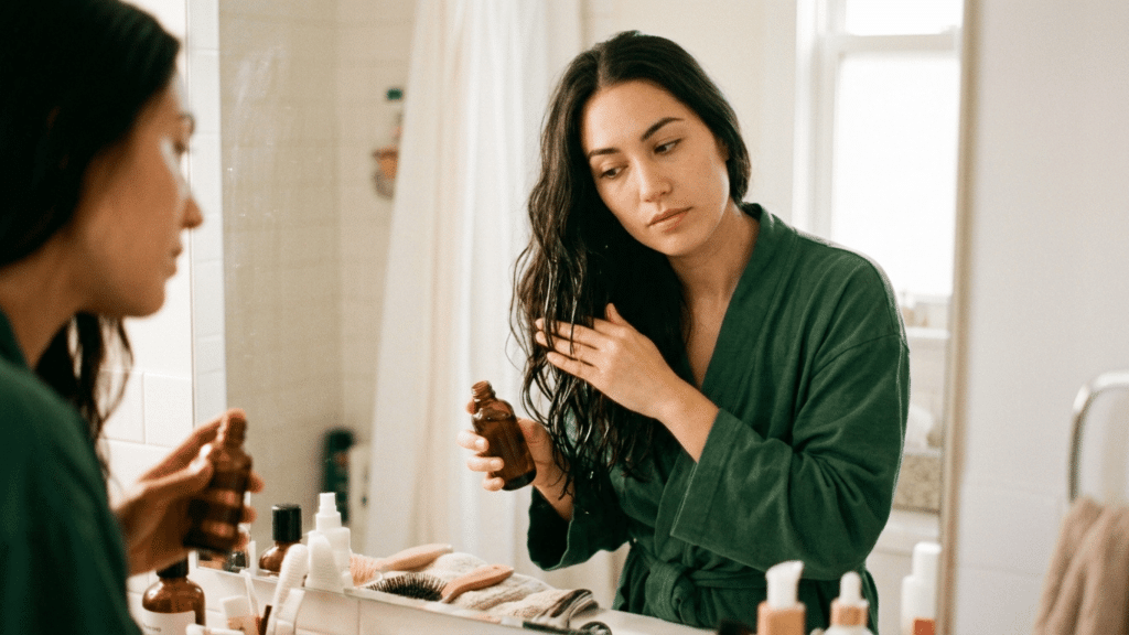 woman applying diy hair growth oil to damp hair in front of a bathroom mirror