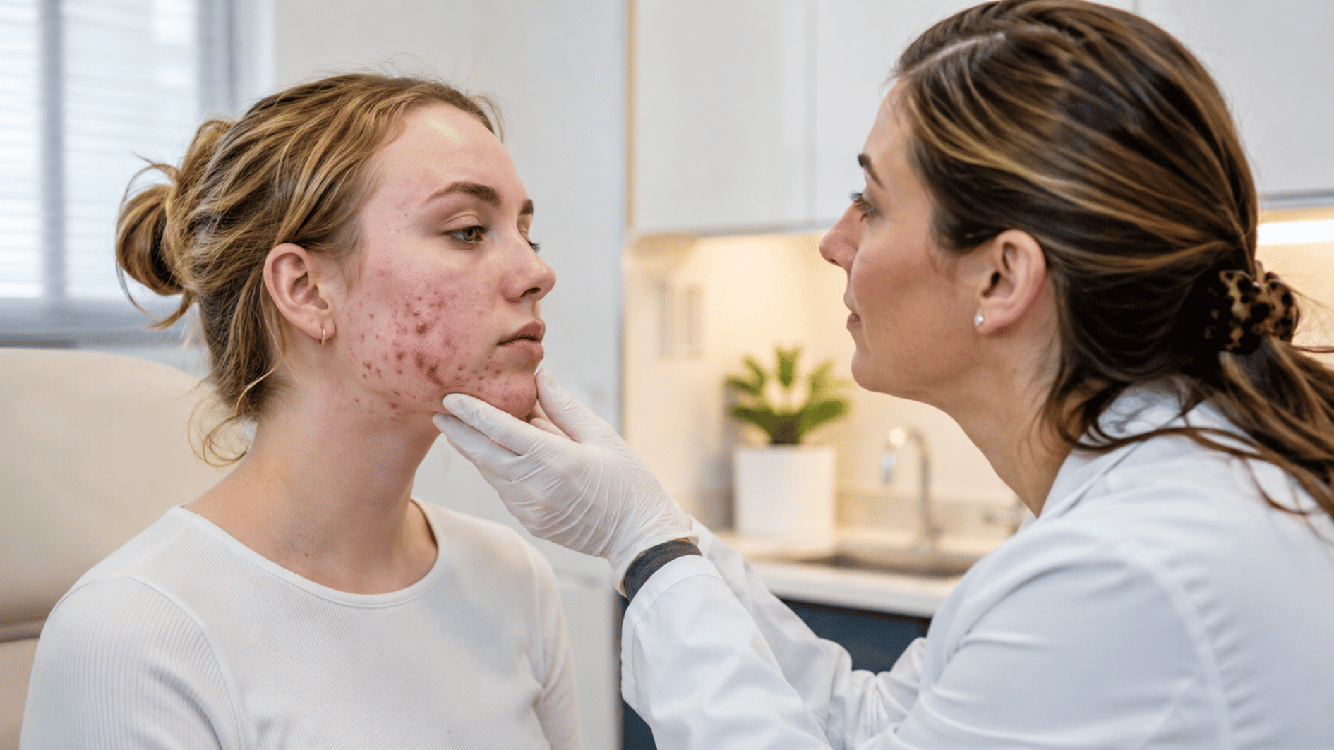 dermatologist examining a young adult with deep <echighlighted><echighlighted><echighlighted><echighlighted><echighlighted><echighlighted>nodular acne</echighlighted></echighlighted></echighlighted></echighlighted></echighlighted></echighlighted> on the cheek and jawline in a bright clinic