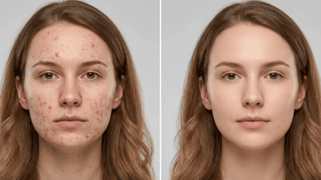 before-and-after view of a woman with acne-prone skin on one side and clear, smooth skin on the other