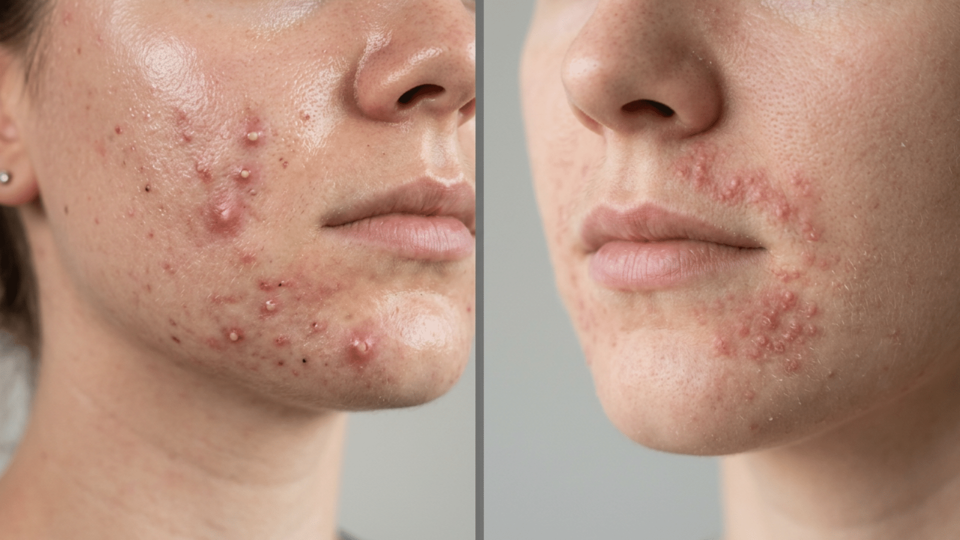 side by side comparison of acne with inflamed pimples and perioral dermatitis with small clustered bumps around the mouth