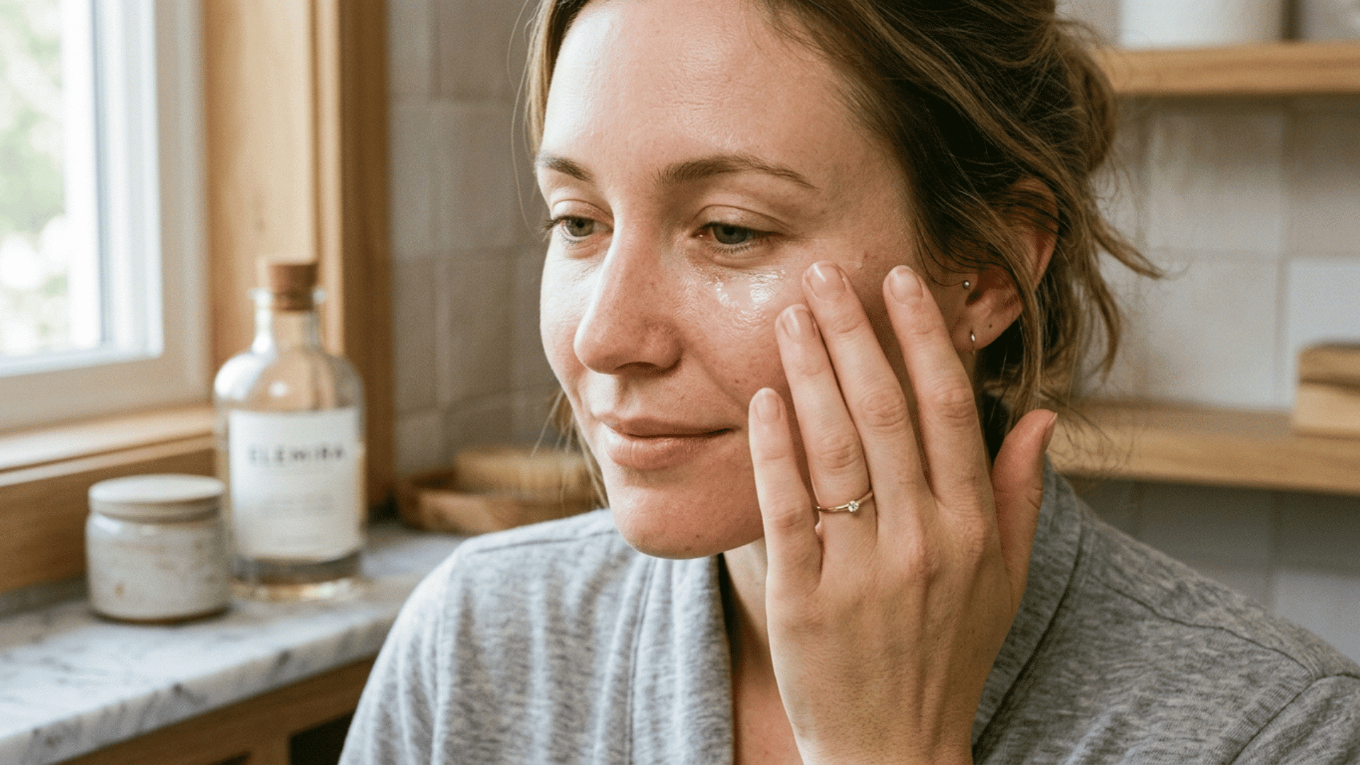 woman applying eye cream with ring finger to prevent under eye wrinkles