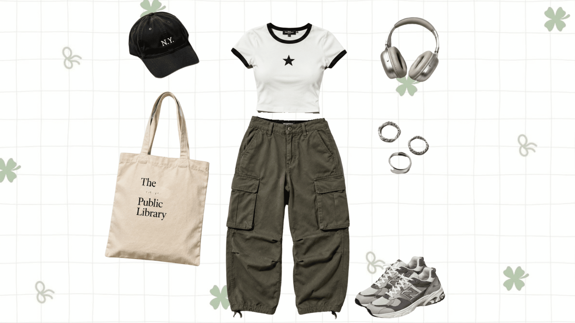 white baby tee paired with olive cargo pants chunky sneakers canvas tote baseball cap headphones and silver rings for a casual street style outfit