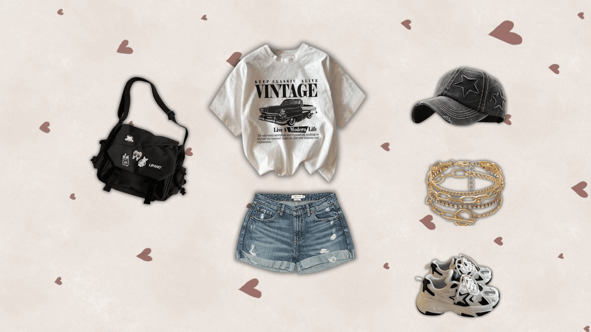 oversized vintage graphic tee with distressed denim shorts chunky sneakers crossbody bag baseball cap and layered bracelets