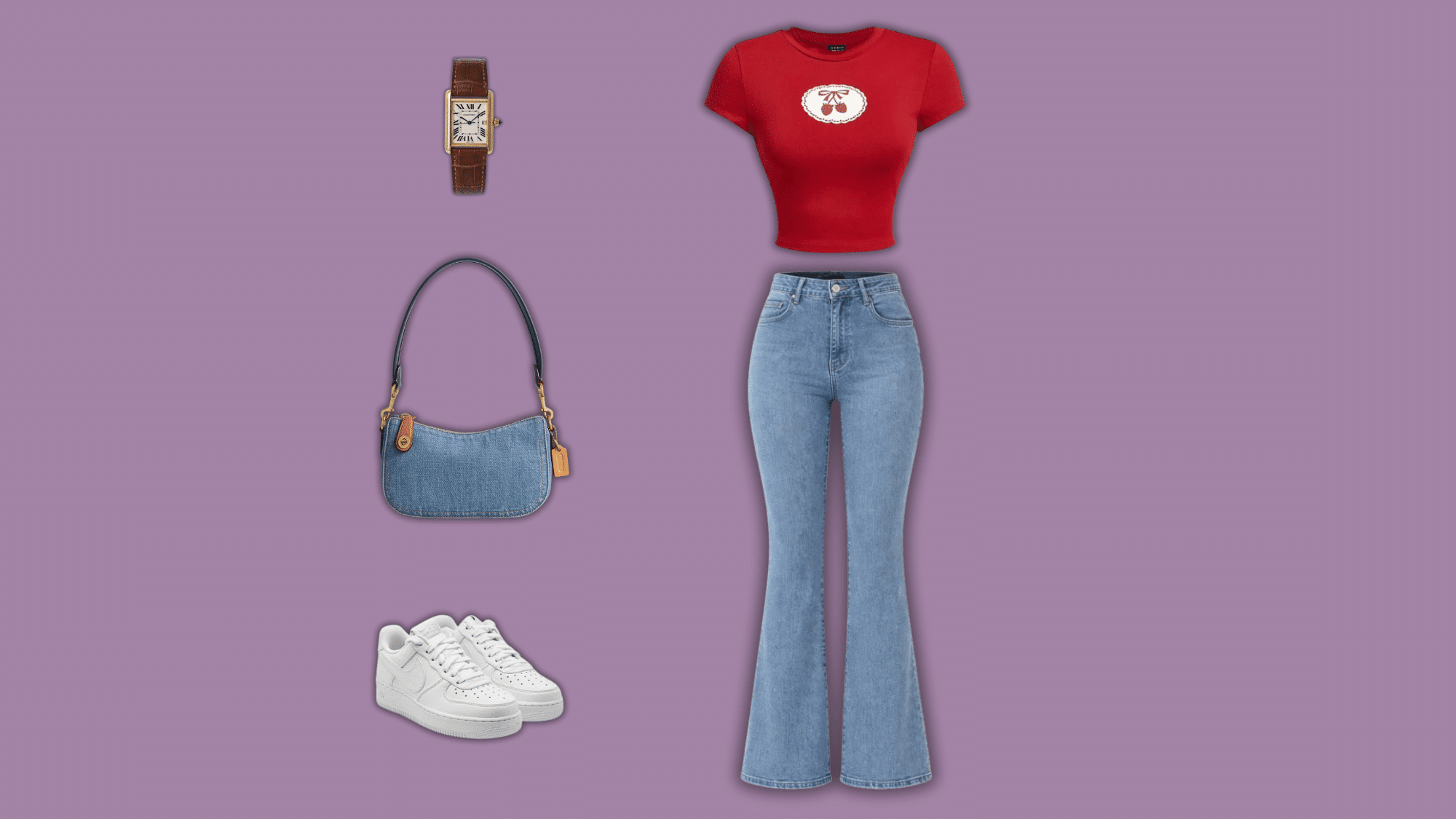 light flare jeans with red baby tee sneakers