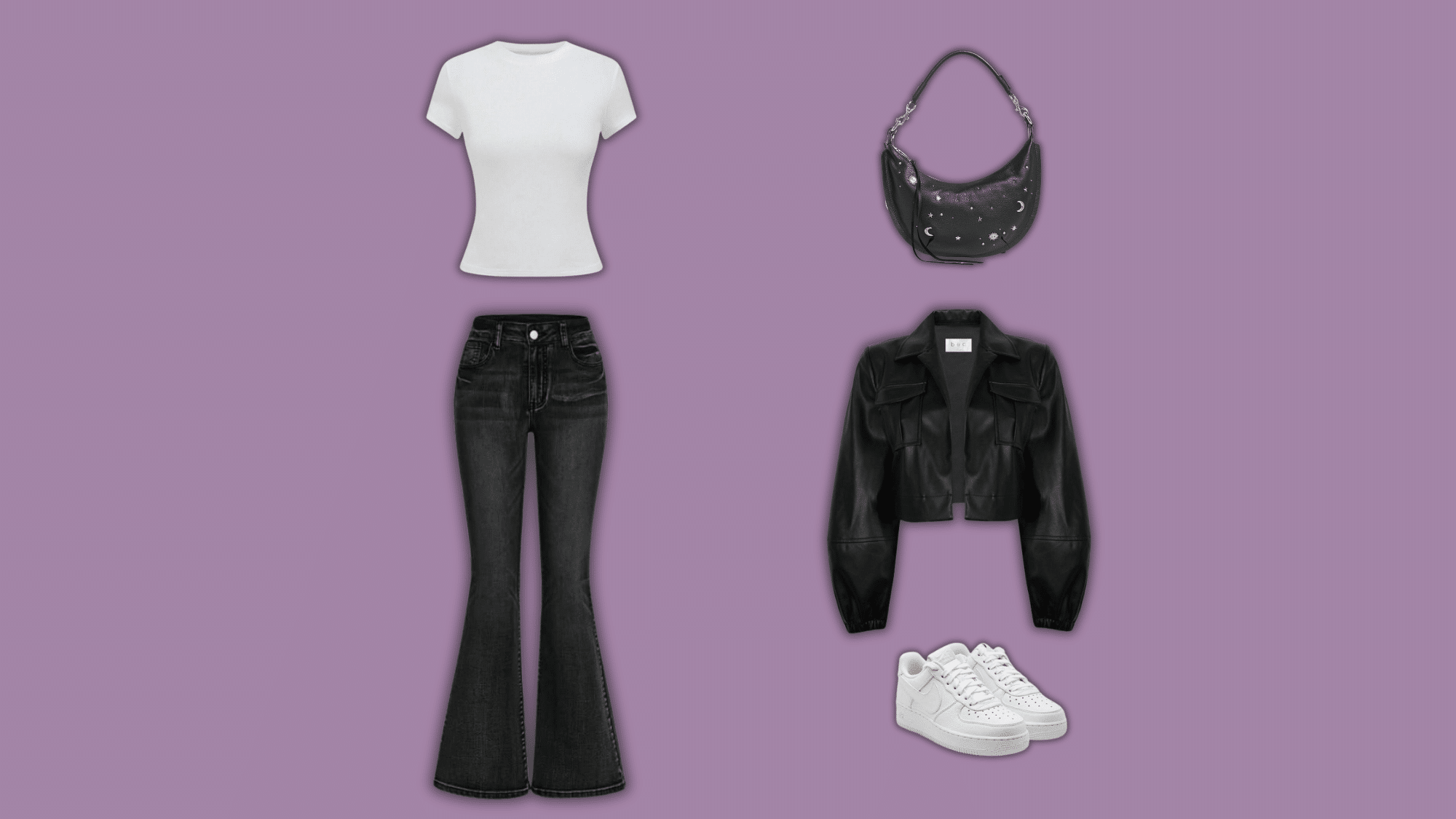 black flare jeans with white tee jacket sneakers