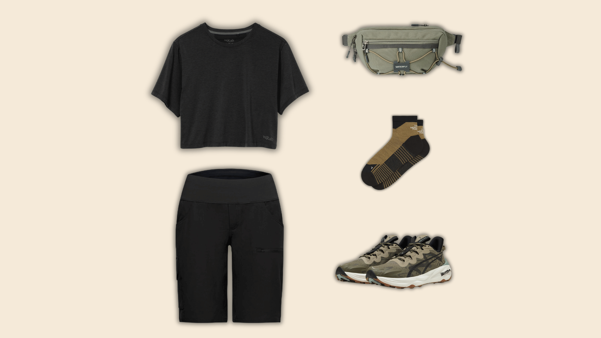 black hiking t-shirt and biker shorts with trail accessories