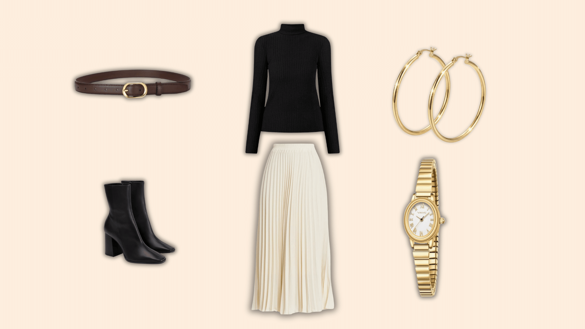 black turtleneck with pleated skirt ankle boots belt and gold accessories outfit collage