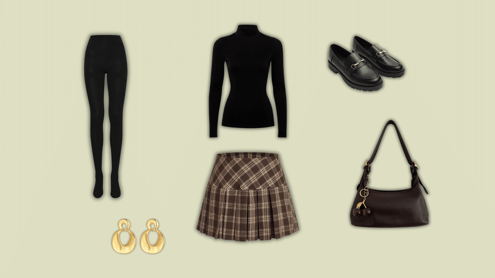 black turtleneck with plaid skirt tights loafers and shoulder bag