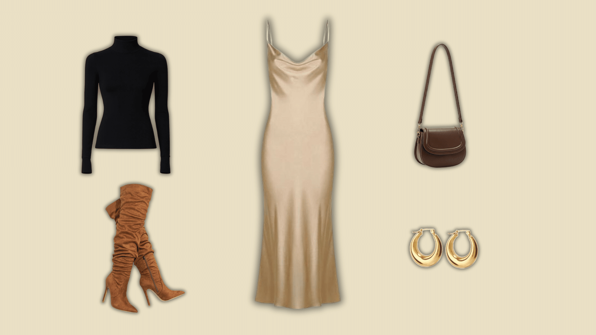 black turtleneck and satin slip dress outfit with brown boots and accessories