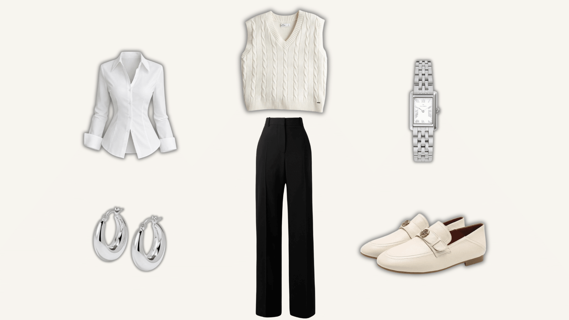 black and white preppy outfit with sweater vest pants loafers and watch