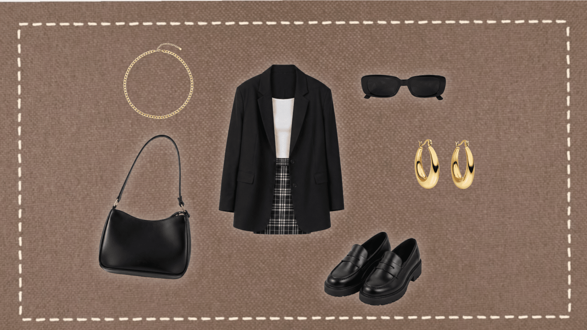 black oversized blazer paired with a plaid mini skirt loafers shoulder bag gold hoops and sunglasses for a polished outfit