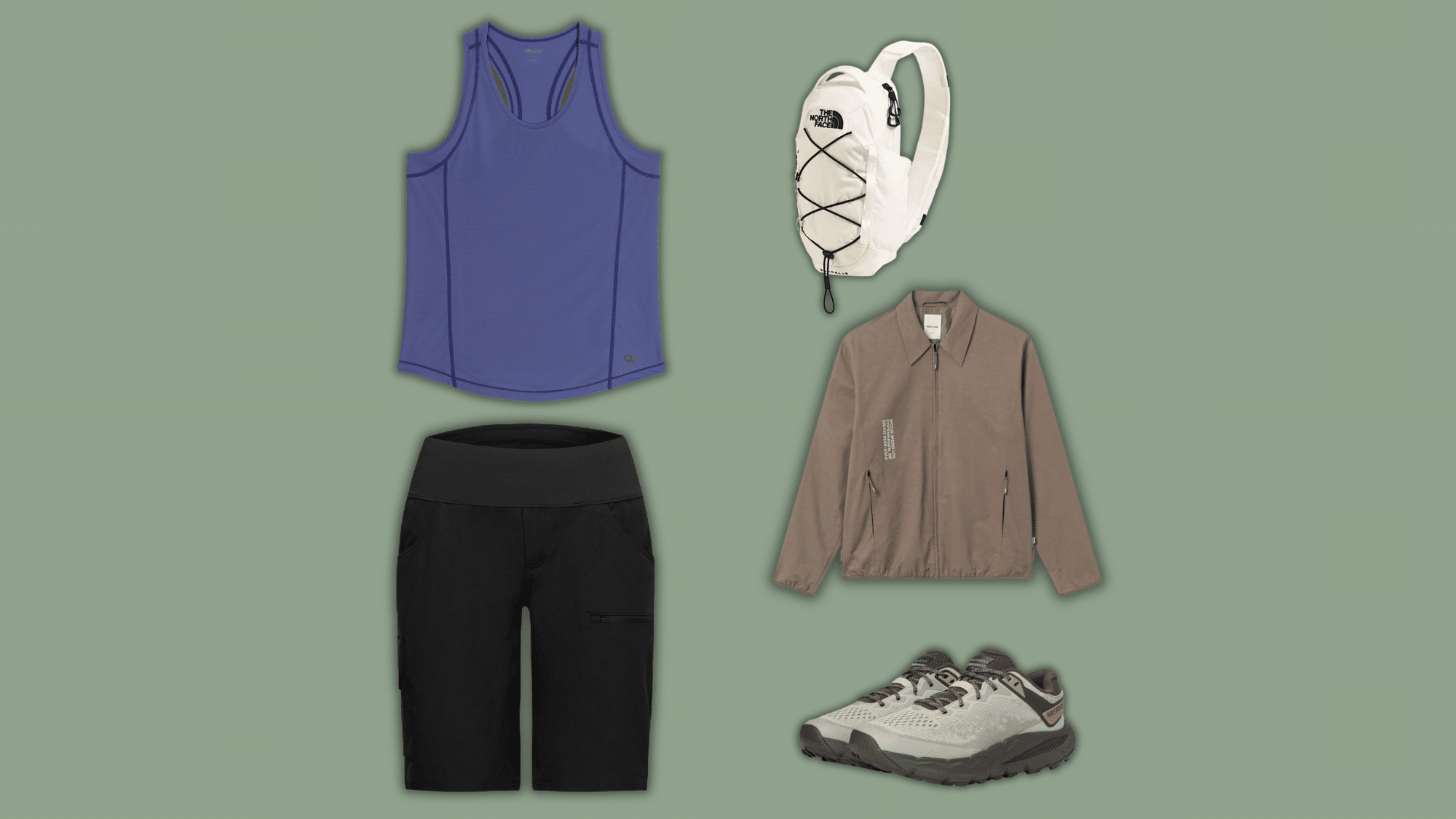 blue hiking tank and black leggings with jacket and shoes