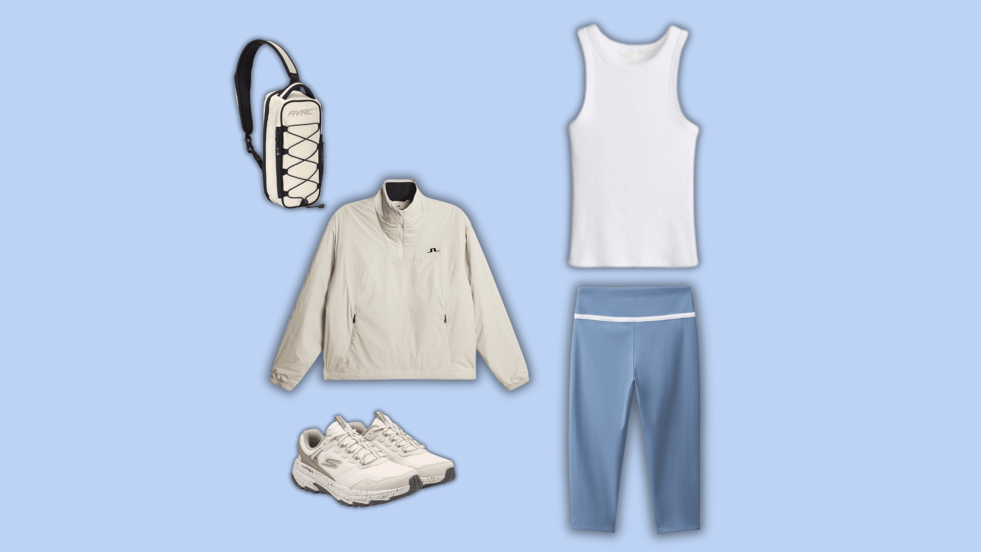 blue hiking tank and black leggings with jacket and shoes