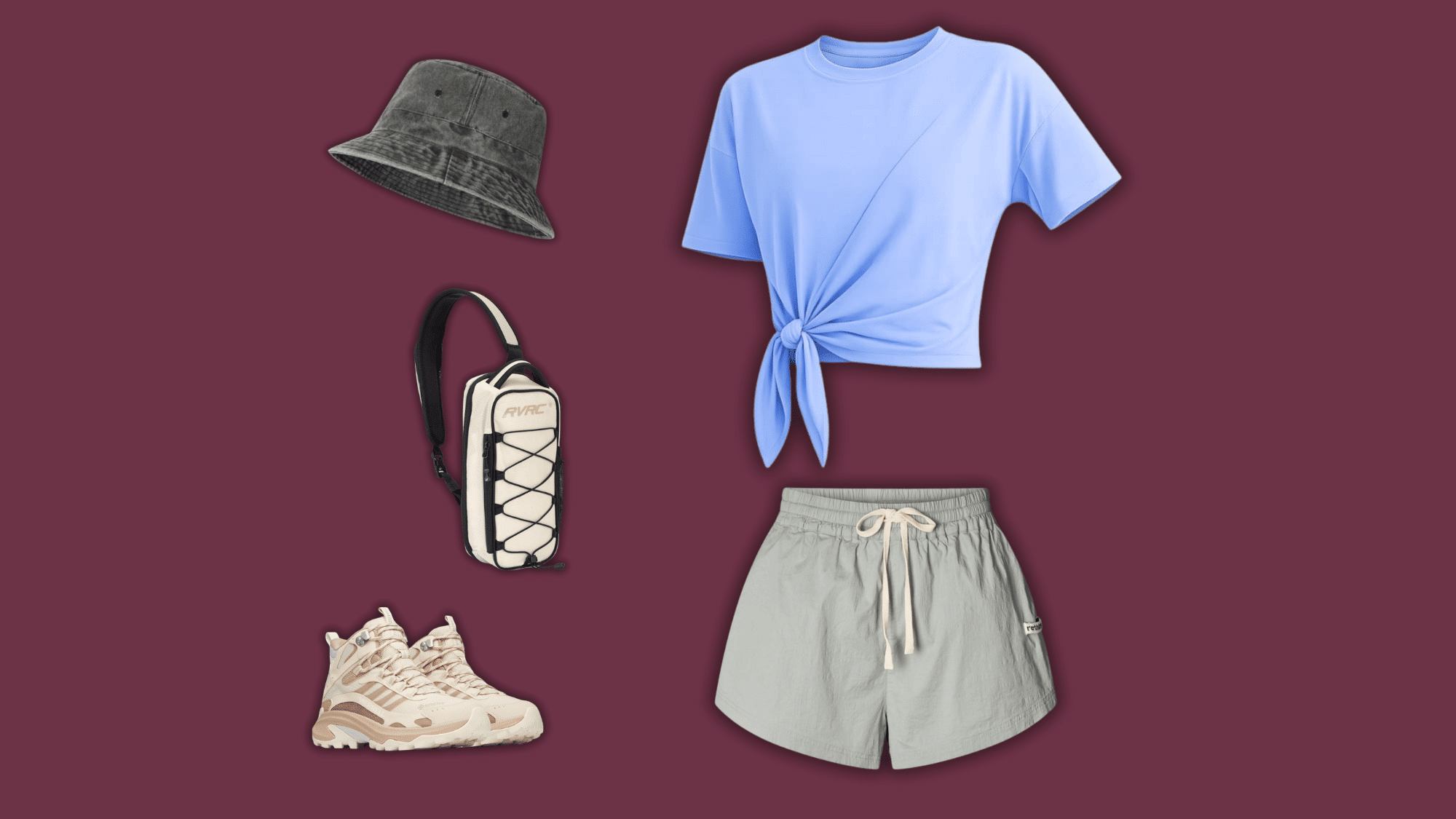 blue tie-front hiking shirt and gray shorts with accessories