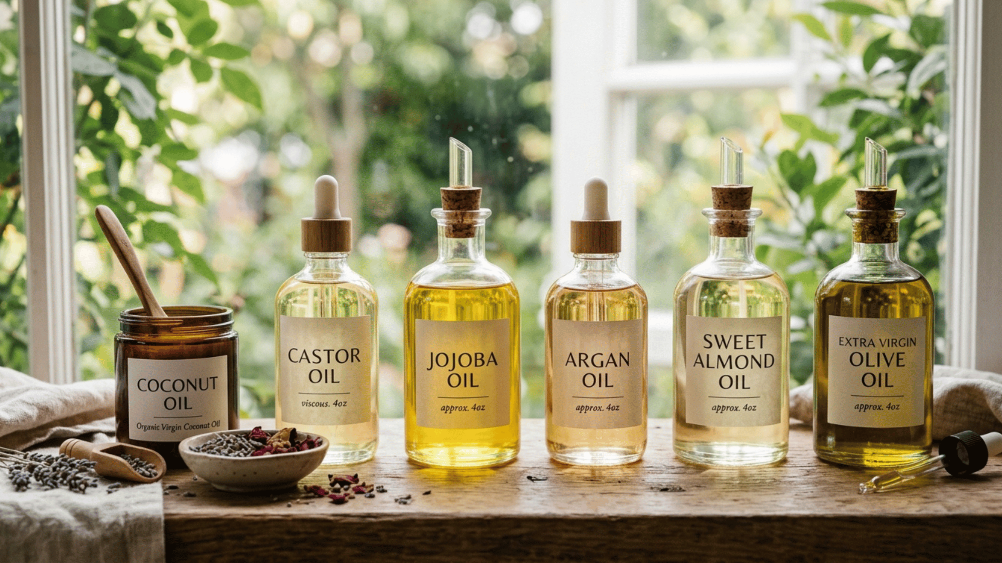 bottles of coconut castor jojoba argan sweet almond and olive oil used as carrier oils for diy hair growth oil