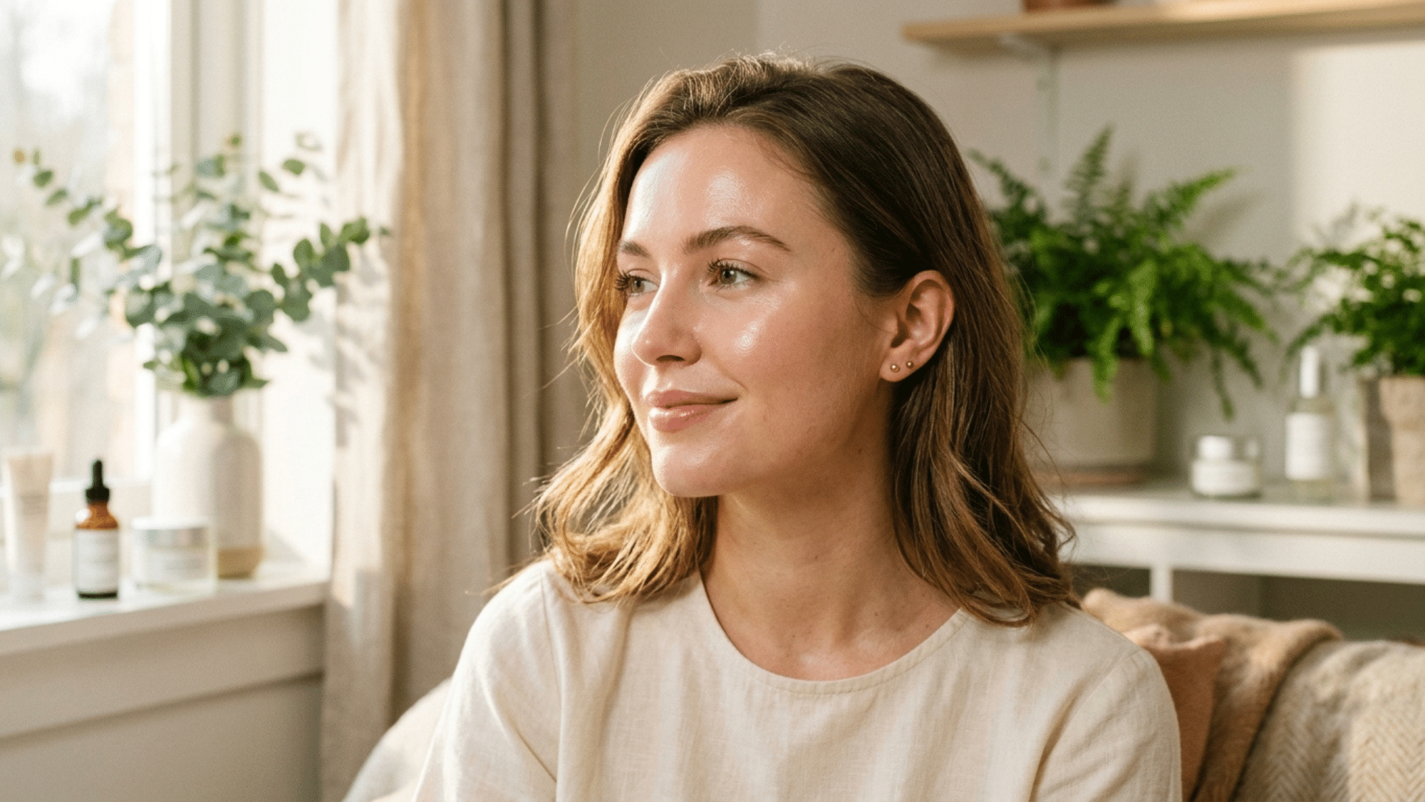 woman with glowing skin sitting indoors
