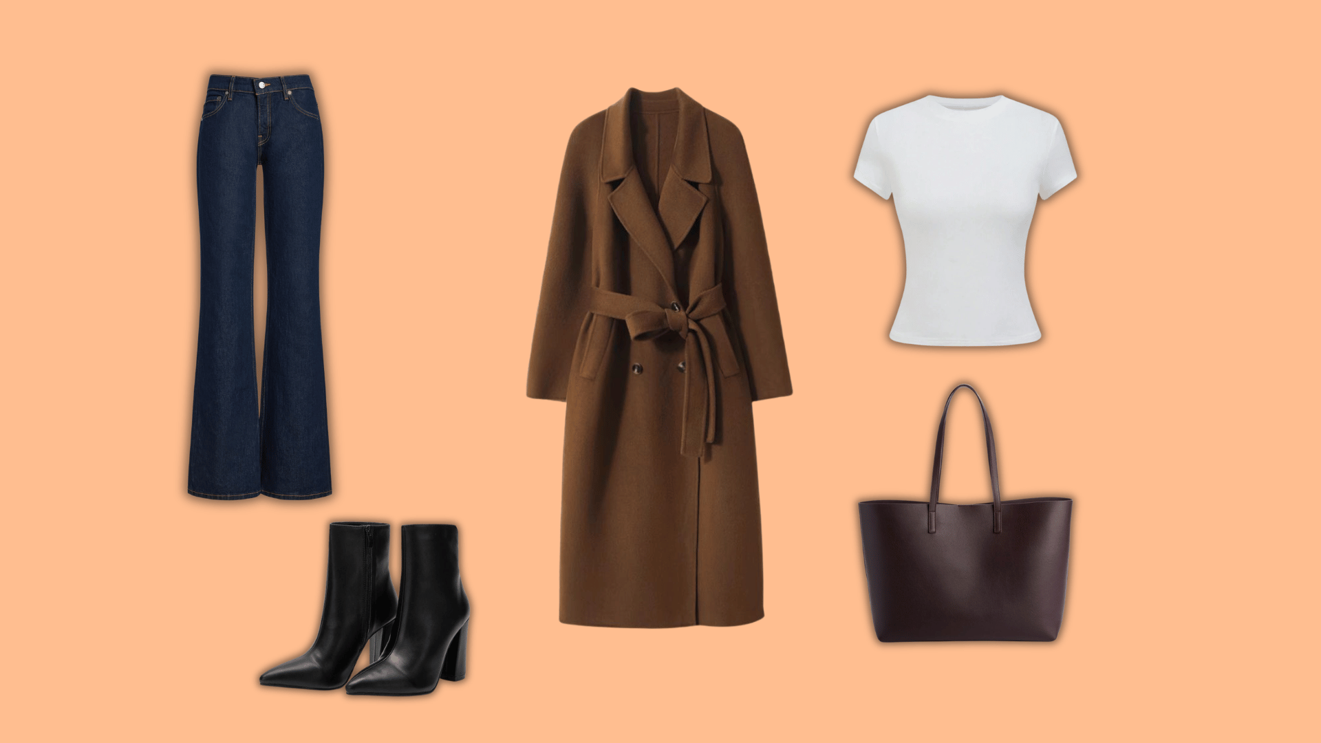 brown coat with jeans ankle boots white shirt and tote bag