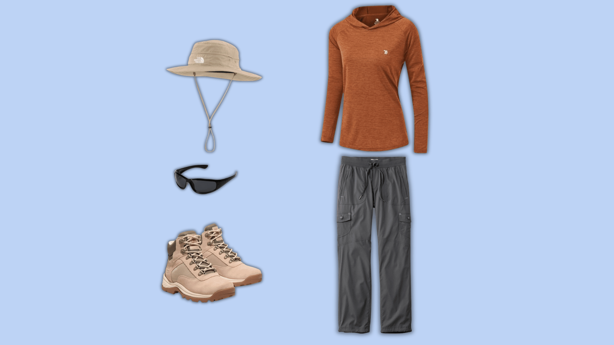 brown hiking hoodie with gray pants, sun hat, sunglasses, and tan boots