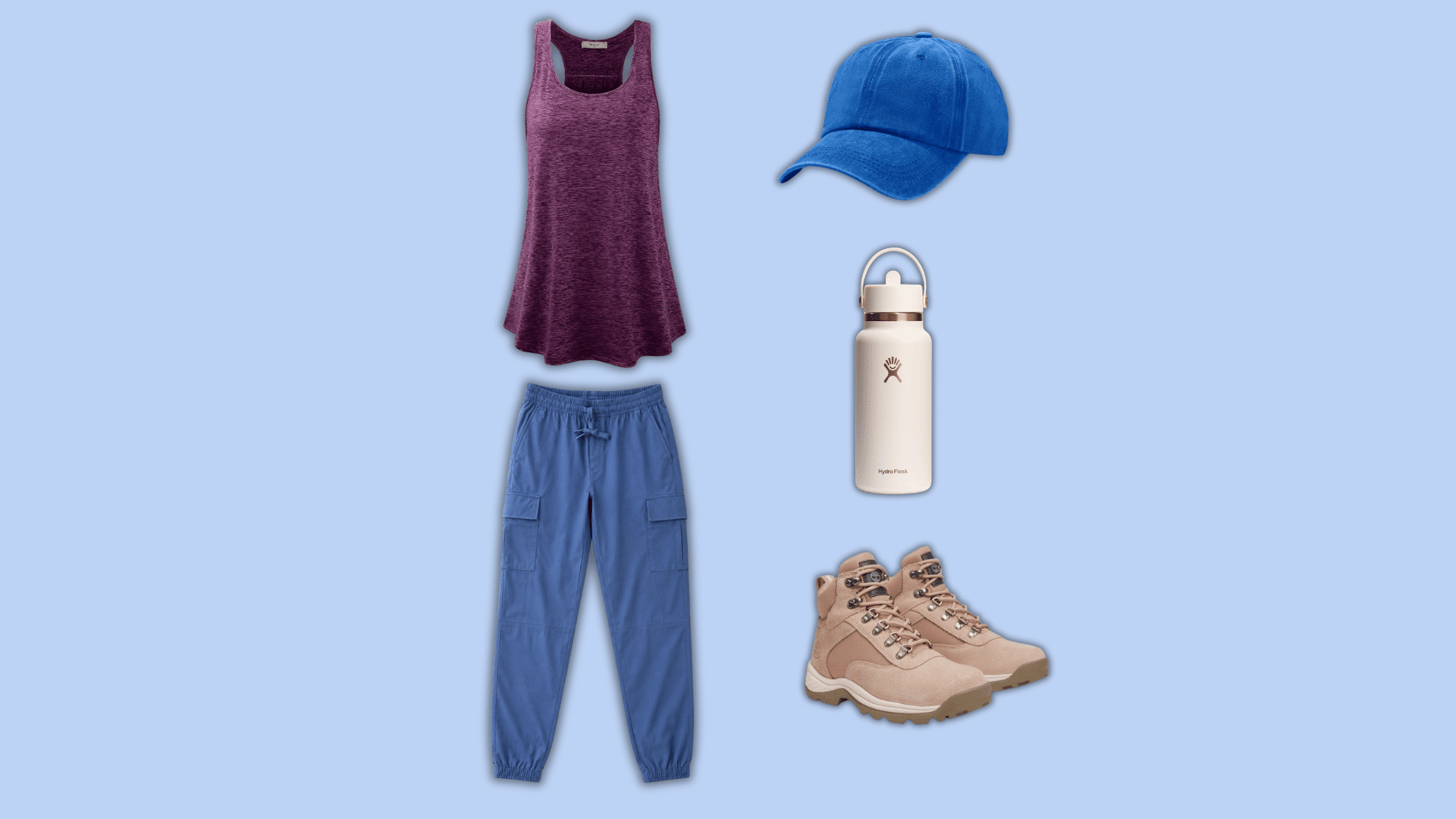 burgundy hiking tank and blue joggers with outdoor accessories