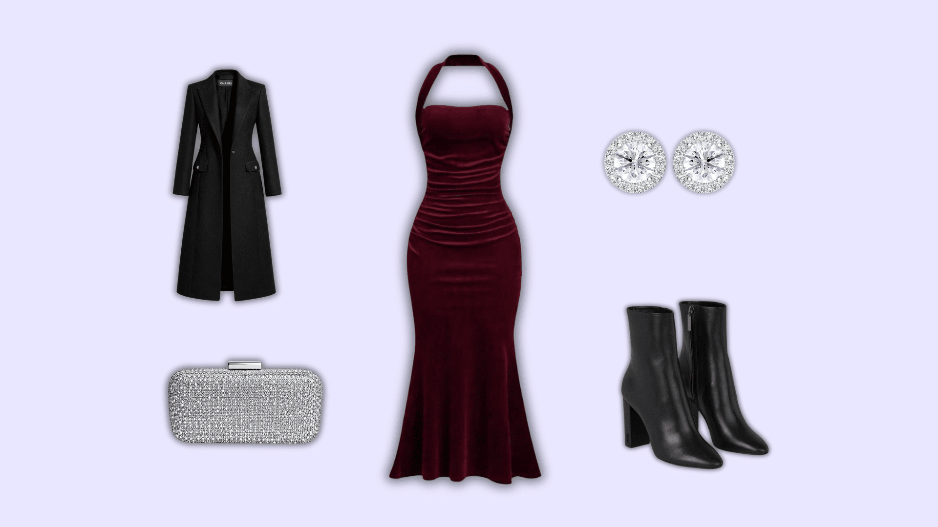 burgundy velvet dress with black coat boots clutch and diamond earrings outfit
