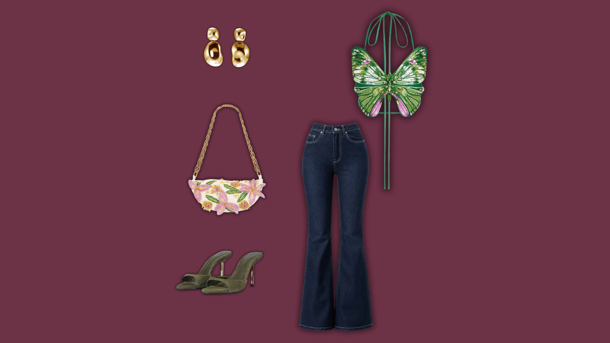 butterfly top with dark flare jeans and heels