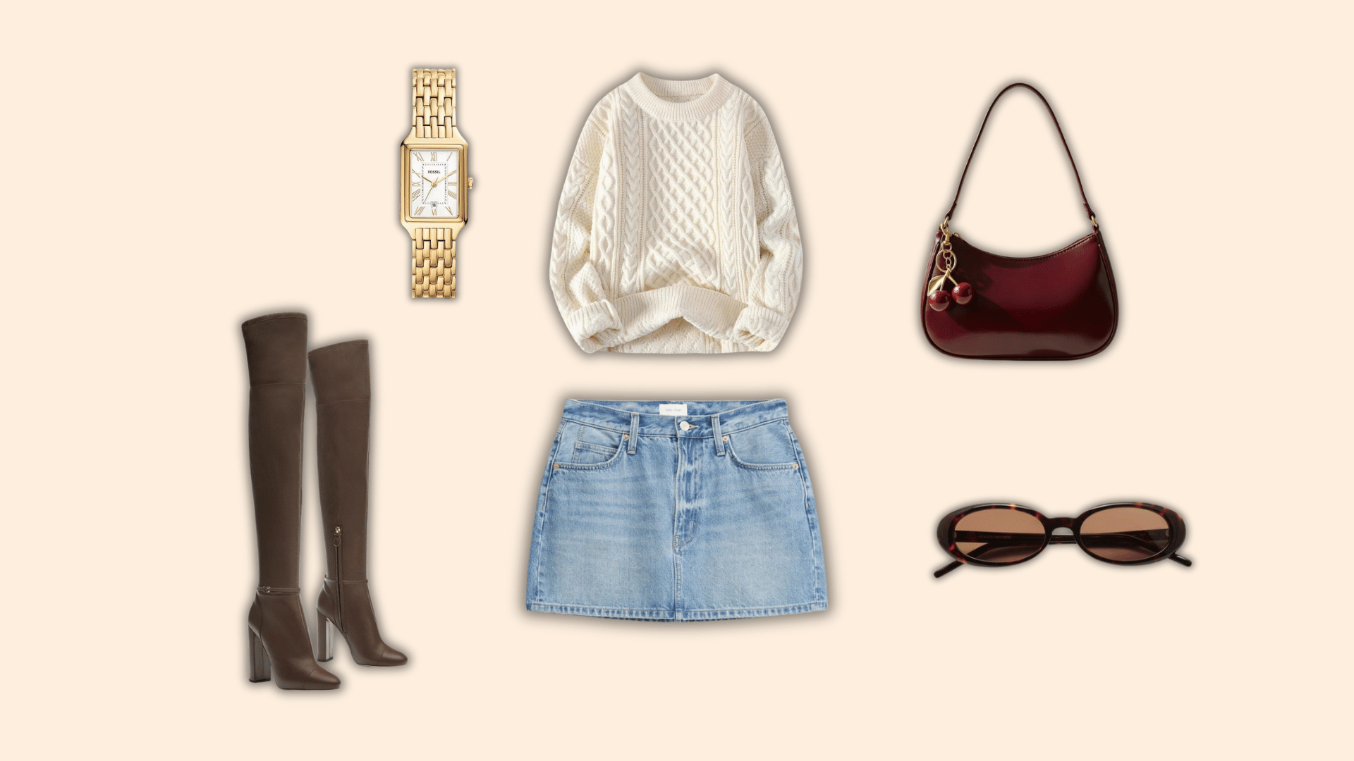 white cable knit sweater with denim skirt brown boots and winter accessories outfit collage
