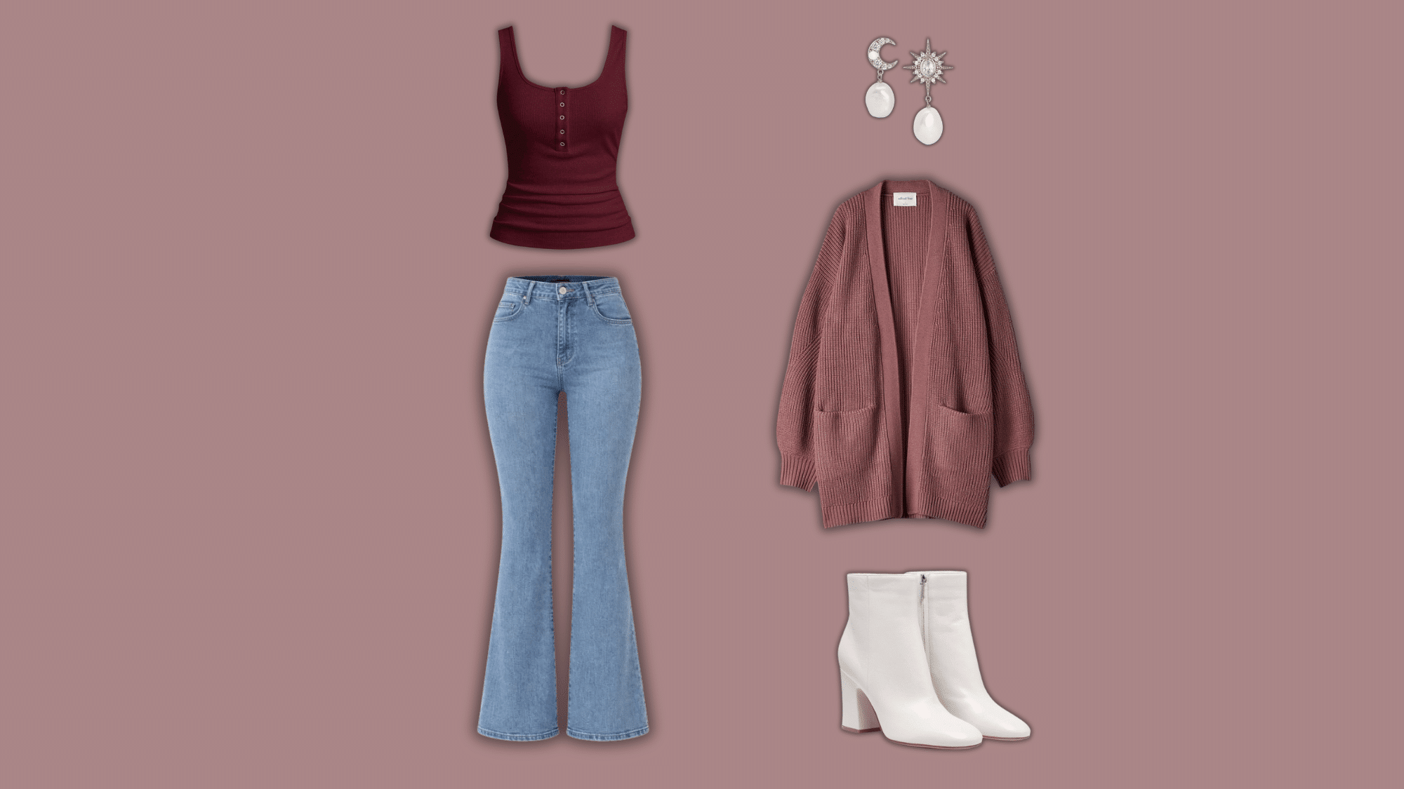 blue flare jeans with cardigan and boots