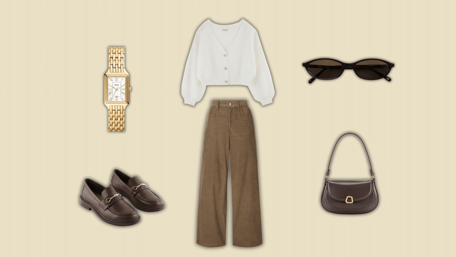 white cardigan with brown wide leg pants loafers and handbag