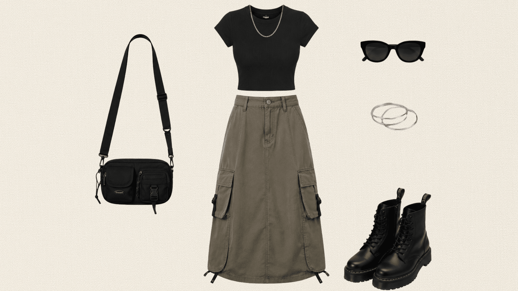 black fitted crop top styled with an olive cargo midi skirt combat boots crossbody bag sunglasses and silver bangles