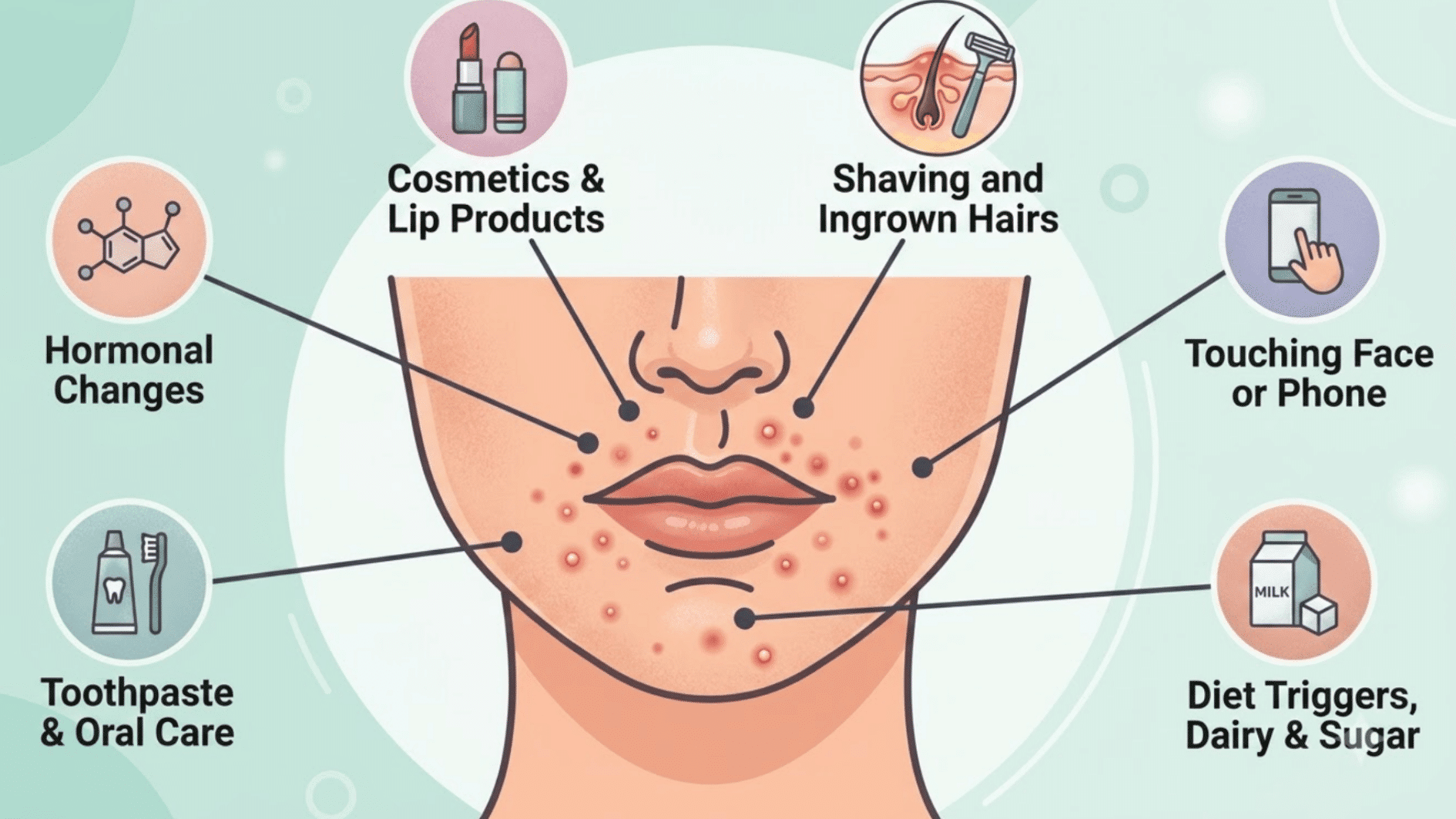 illustration showing common rash around mouth triggers including cosmetics hormones toothpaste touching the face and diet