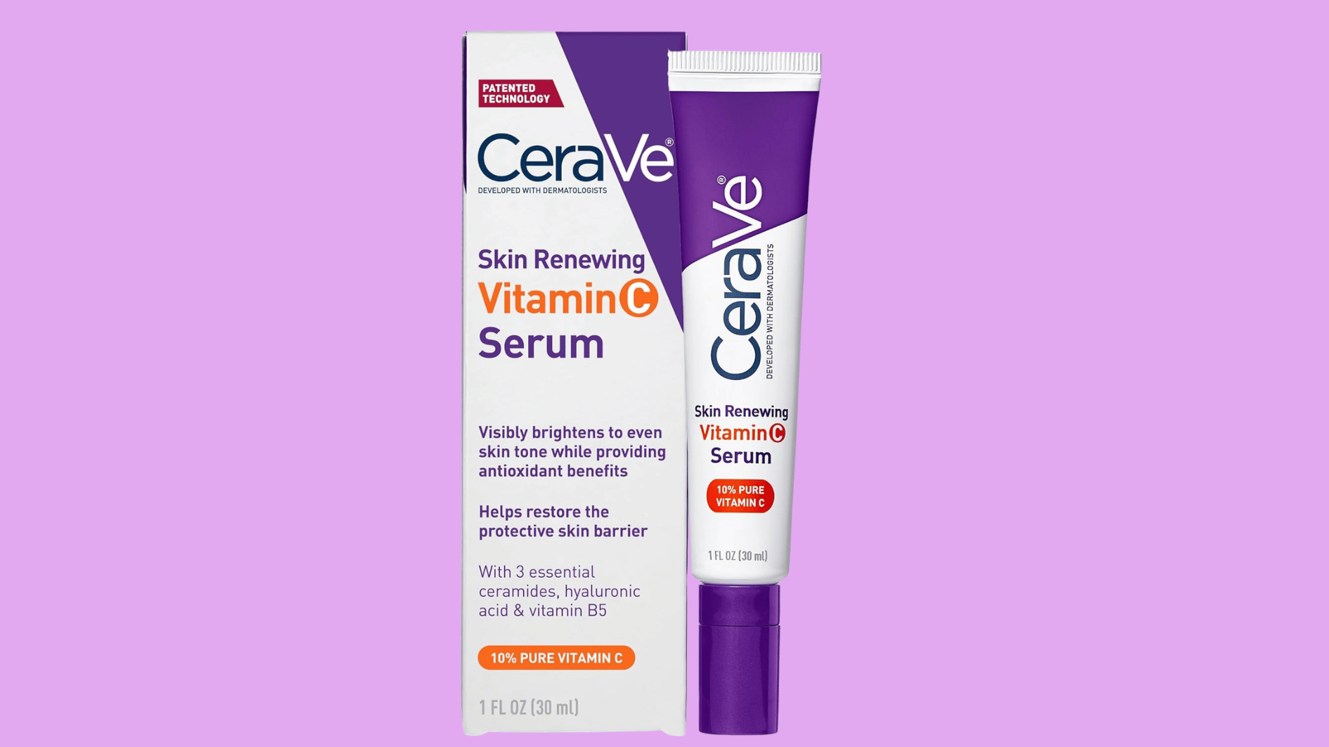 cerave skin renewing vitamin c serum tube and box displayed against a light purple background