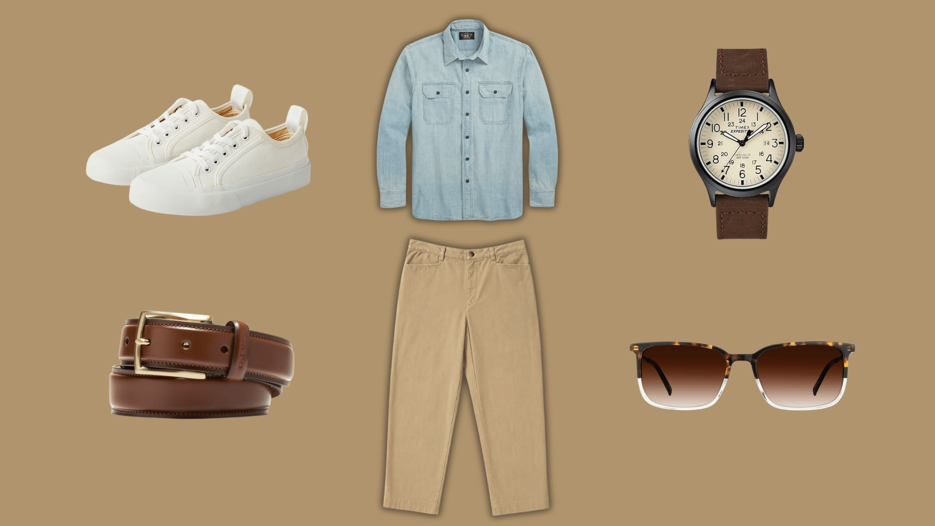 chambray shirt with khaki pants white sneakers belt watch and sunglasses for a casual friday outfit