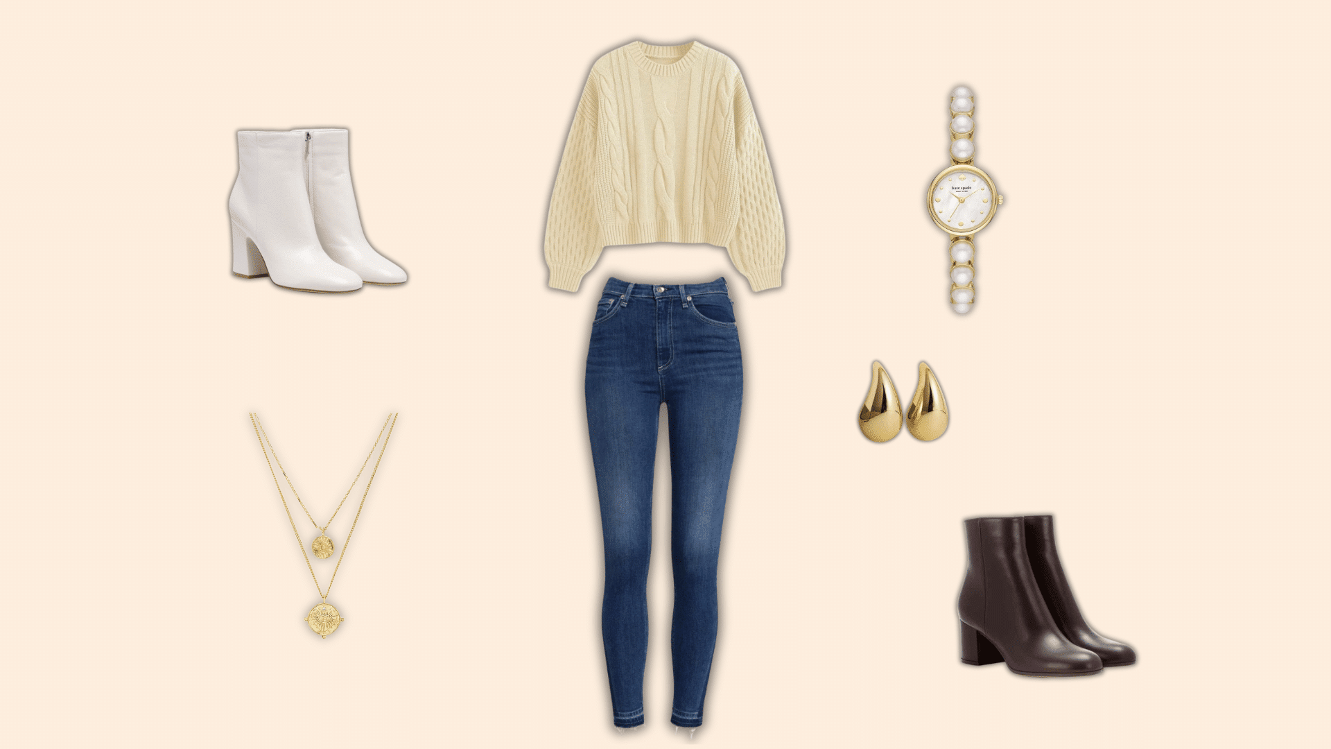 cream chunky sweater with blue jeans white boots and gold accessories winter outfit collage