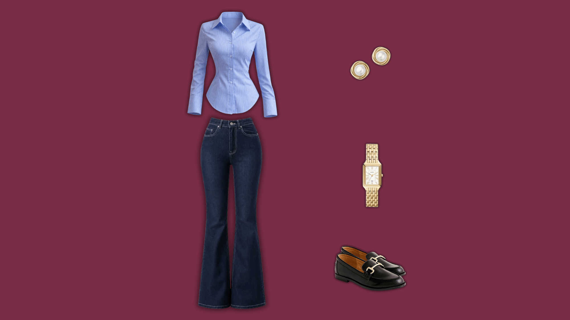 dark flare jeans with blue shirt loafers