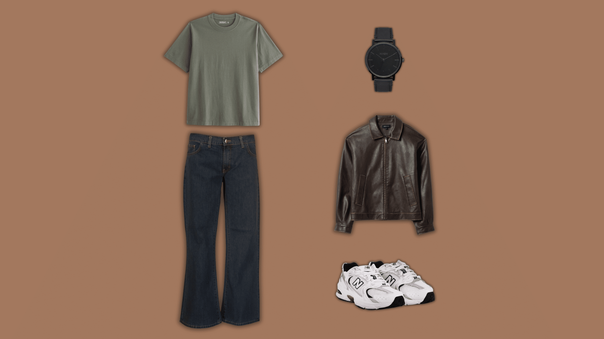 dark flare jeans with tee jacket sneakers