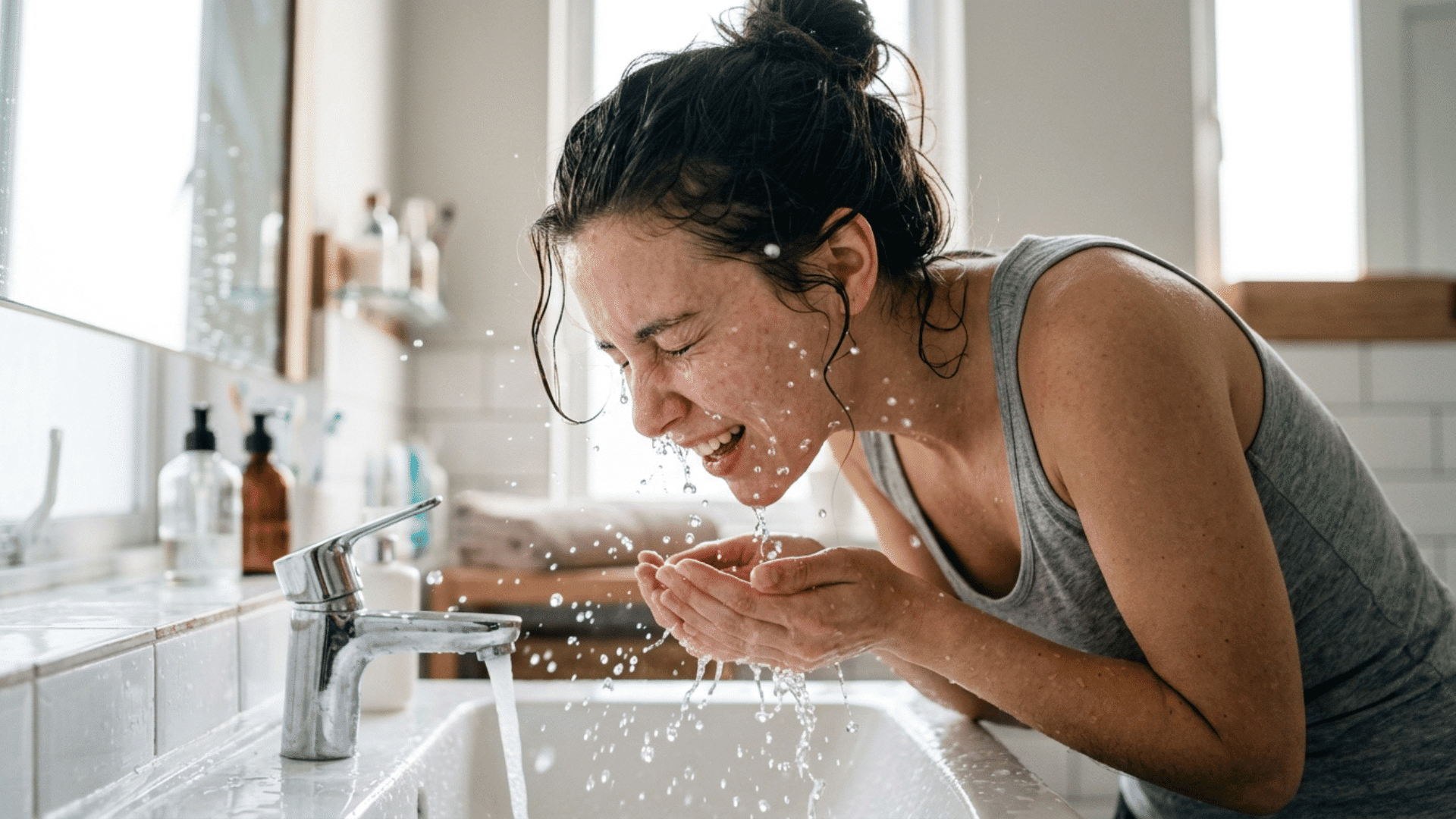 woman splashing cold water on her face to reduce under-eye puffiness