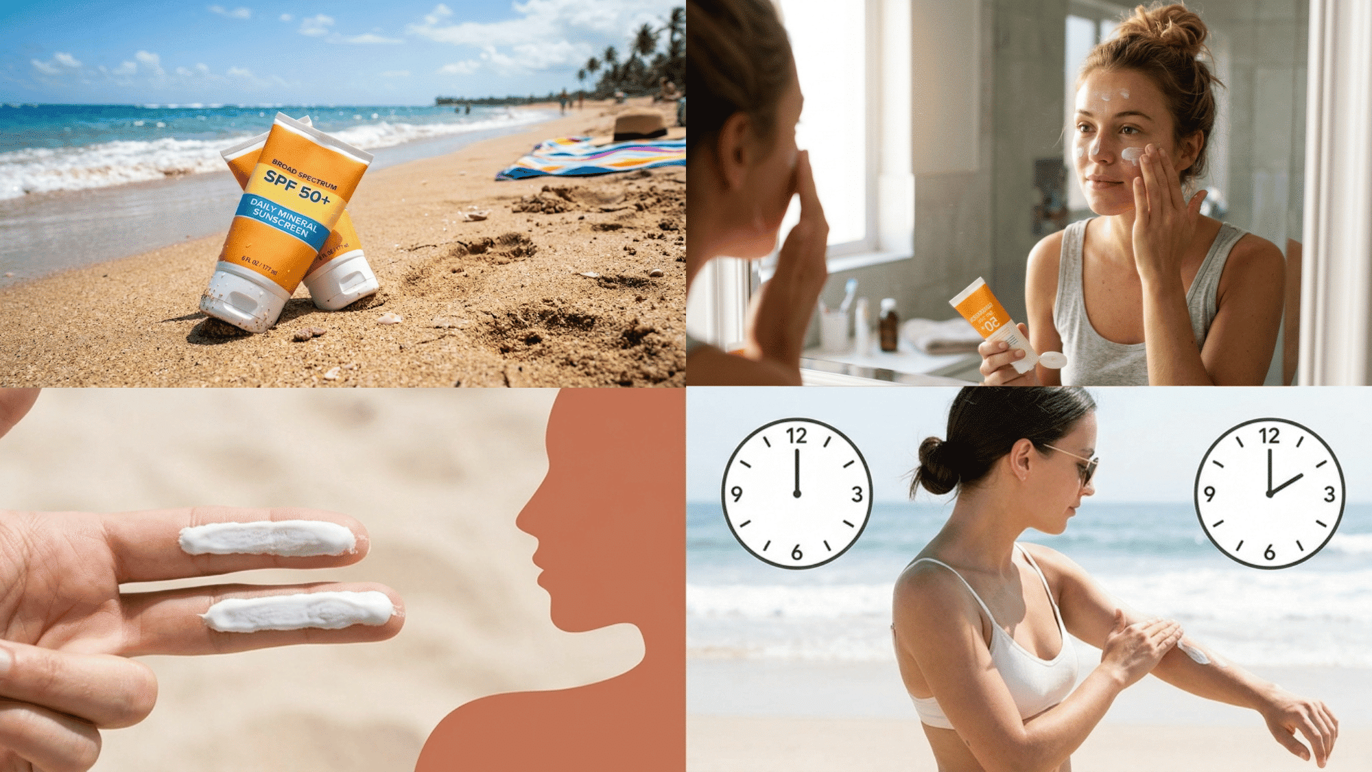 collage showing correct sunscreen application amount face coverage and two hour reapplication for better sun protection