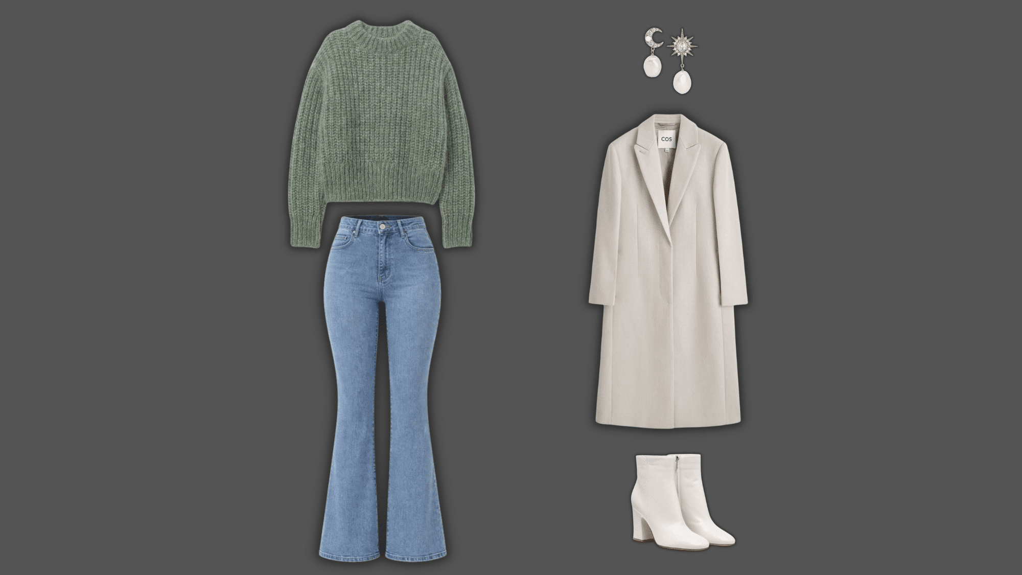light flare jeans with sweater coat boots