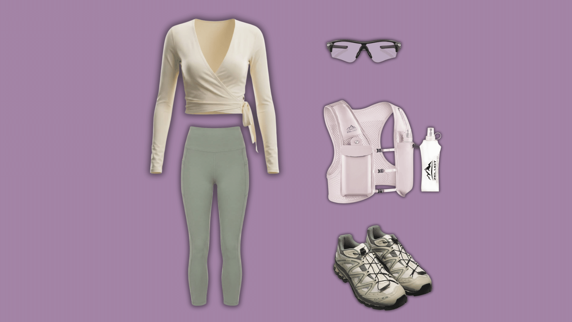 cream wrap top and green leggings with hydration accessories