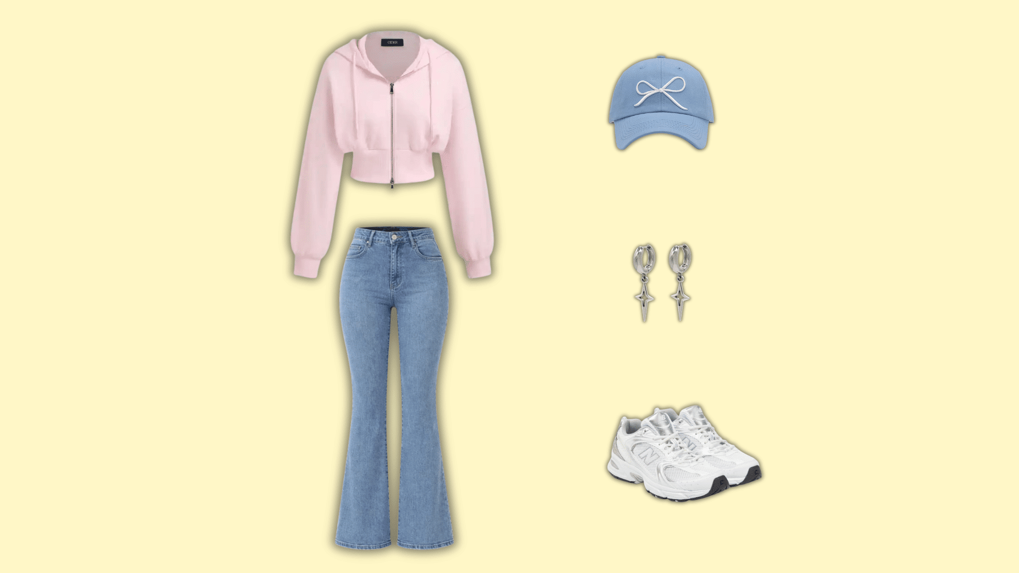 light blue flare jeans with pink hoodie sneakers