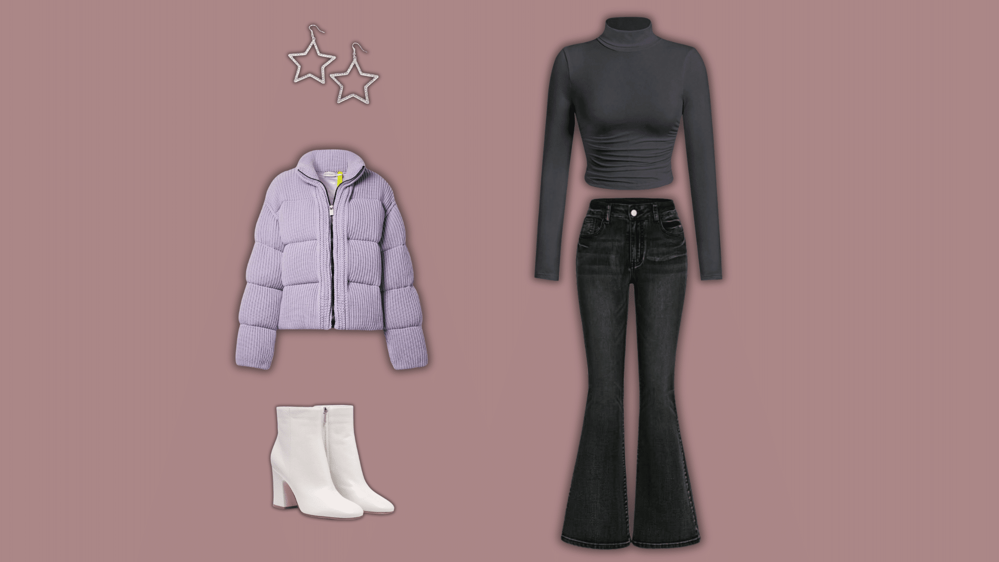 black flare jeans with puffer jacket boots