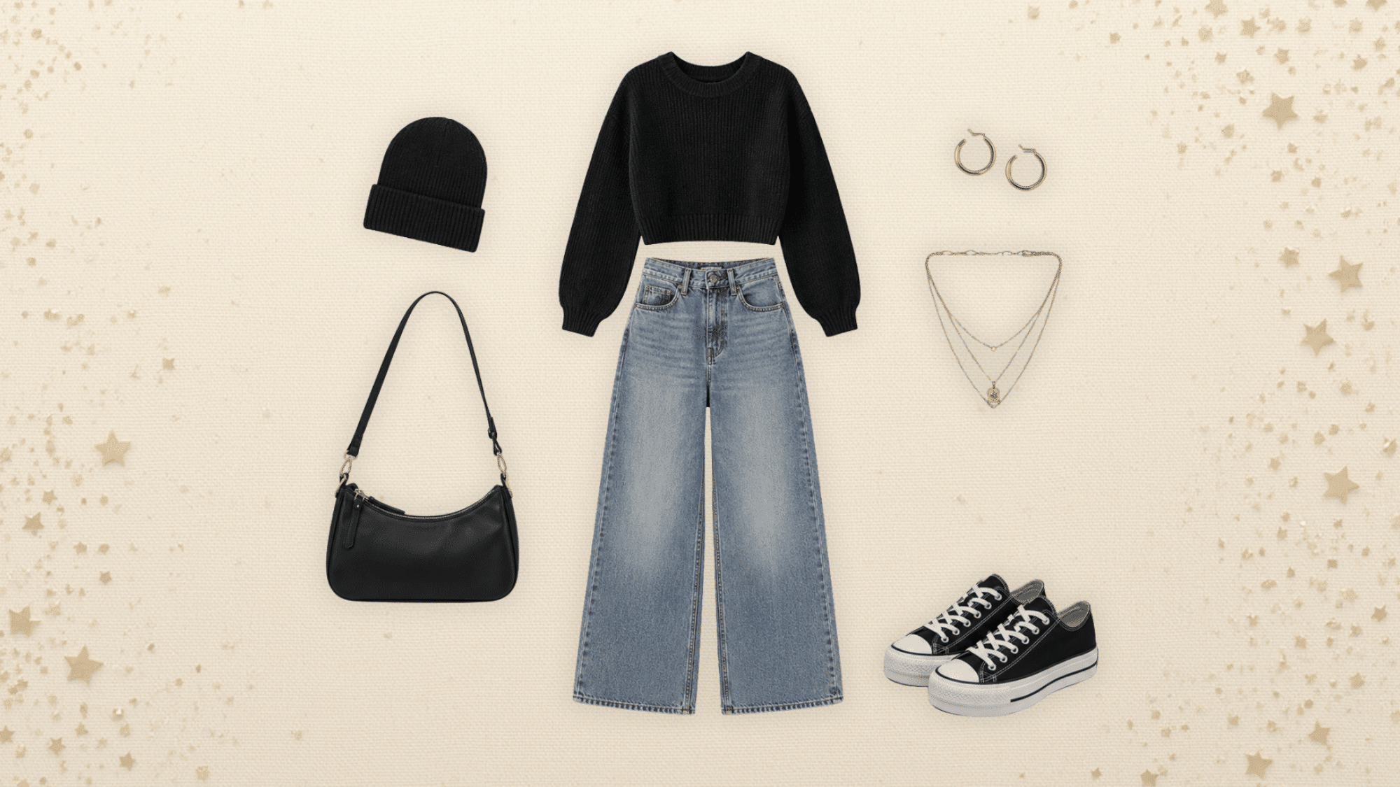 black cropped sweater paired with light wash wide leg jeans black sneakers shoulder bag beanie and layered necklaces