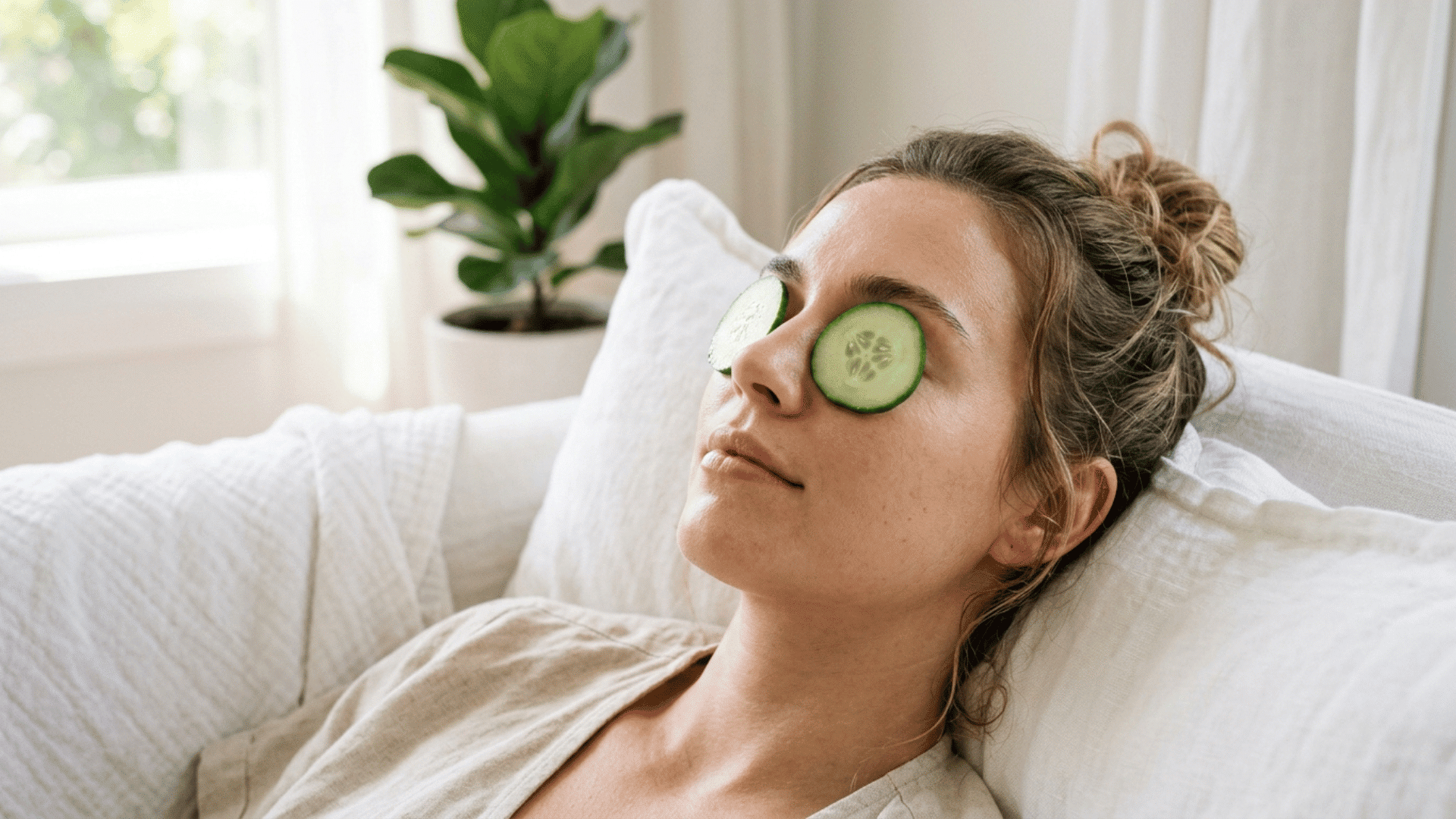 cucumber slices resting on closed eyes for light hydration and puffiness relief