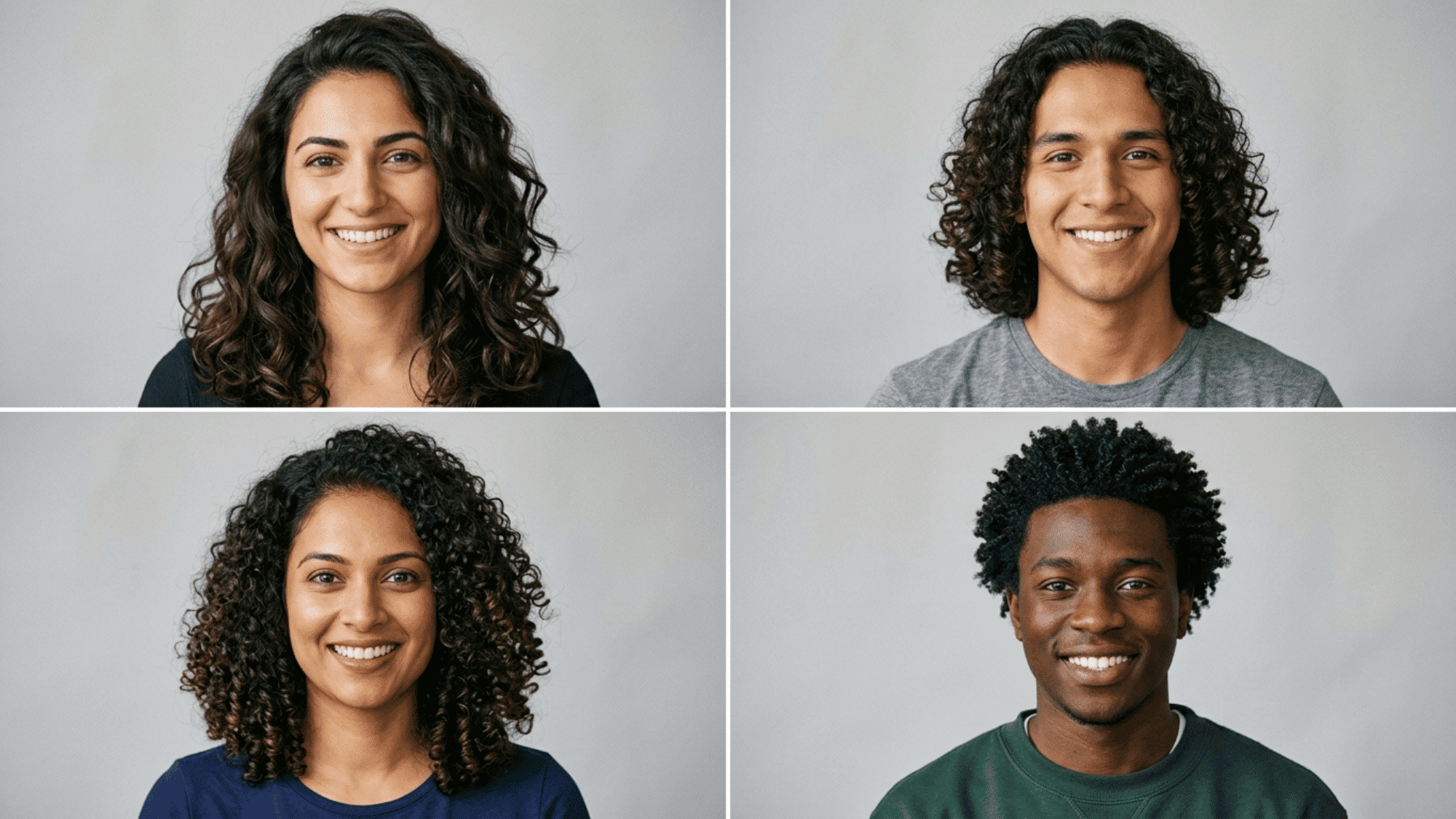 four people displaying different curly hair textures
