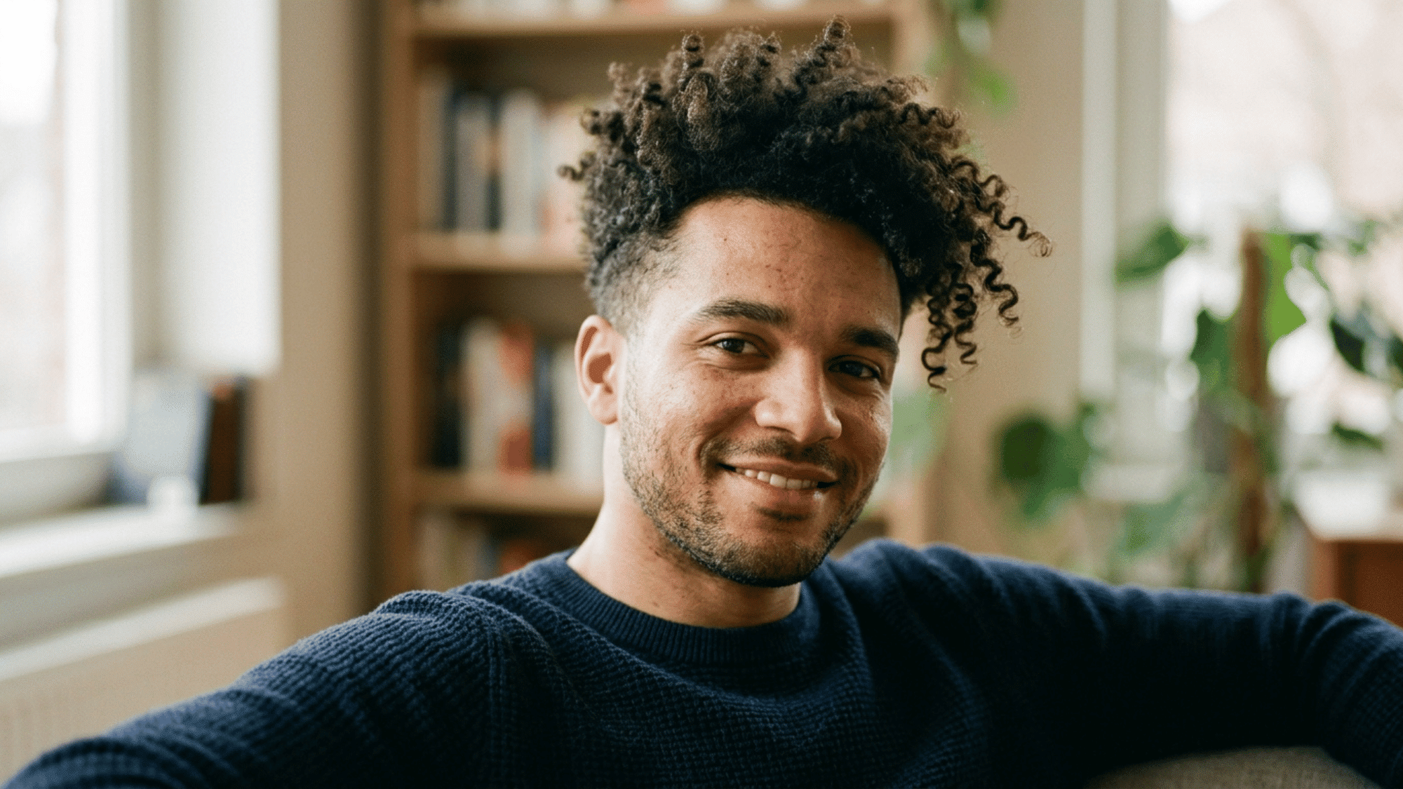 man smiling with curly high top and tapered sides