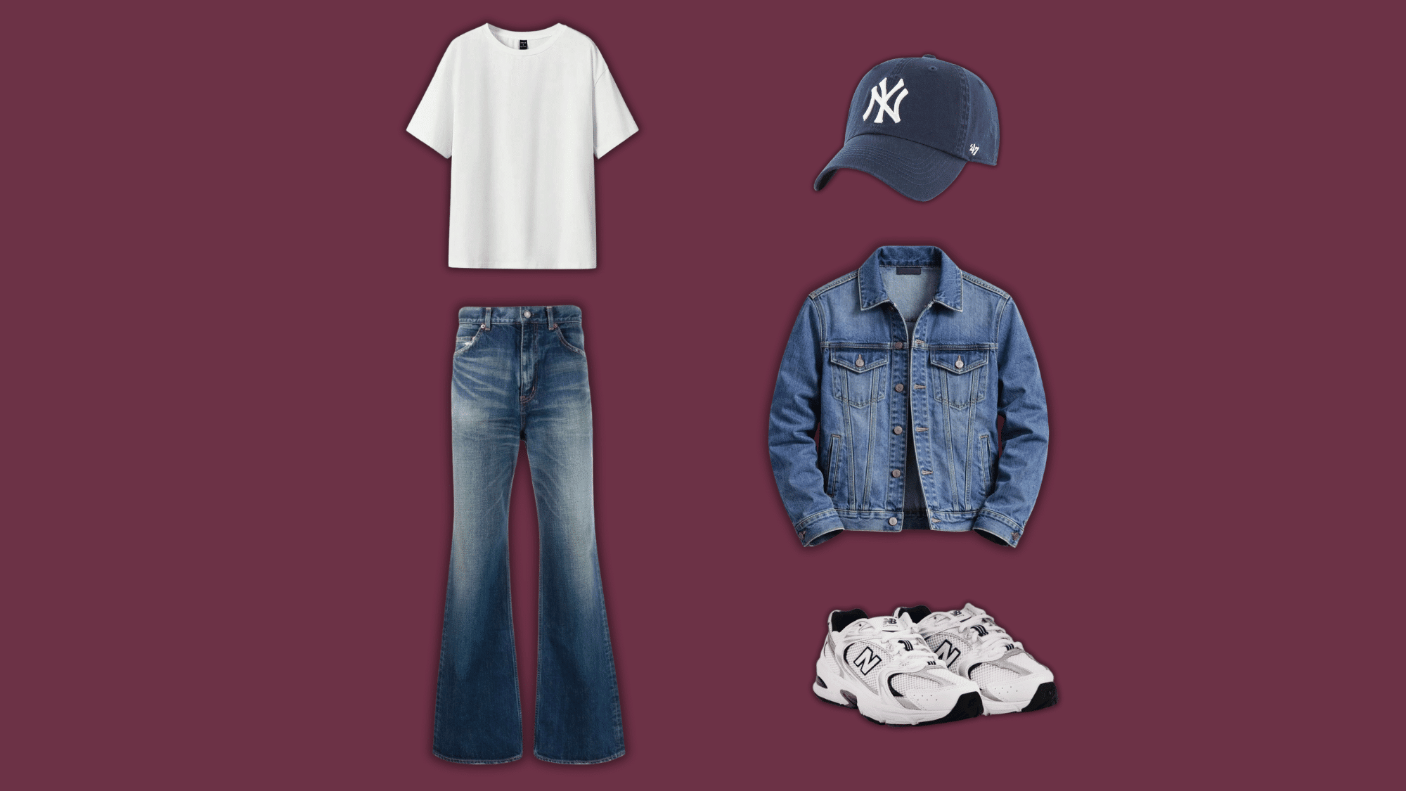 blue flare jeans with denim jacket sneakers