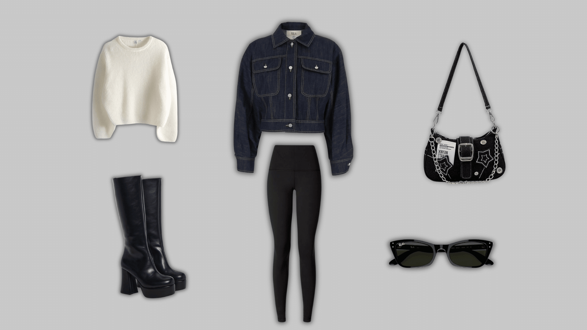 denim jacket with black leggings boots and casual shoulder bag