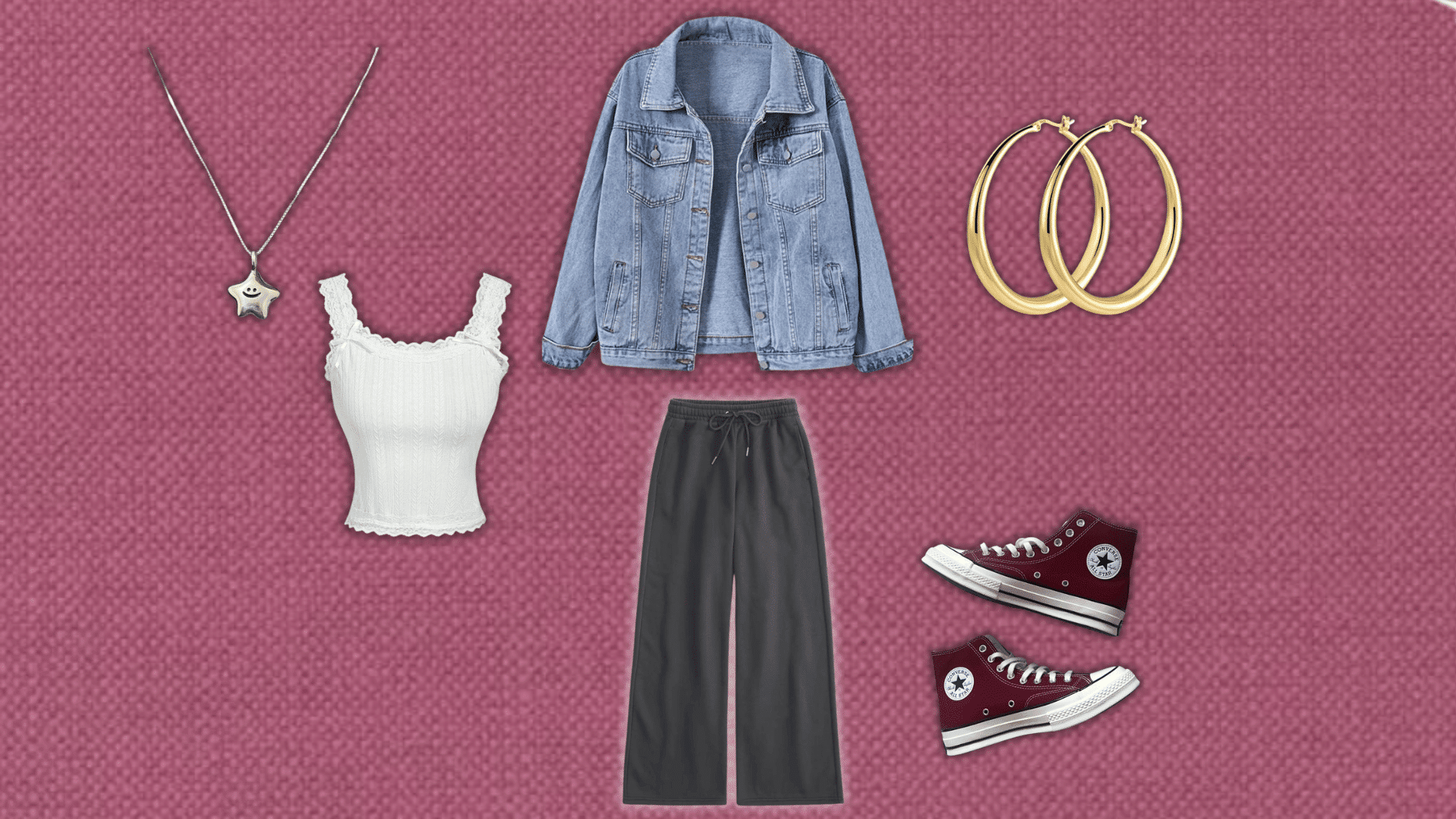 light blue denim jacket over a white lace top with charcoal wide leg pants burgundy sneakers gold hoops and pendant necklace