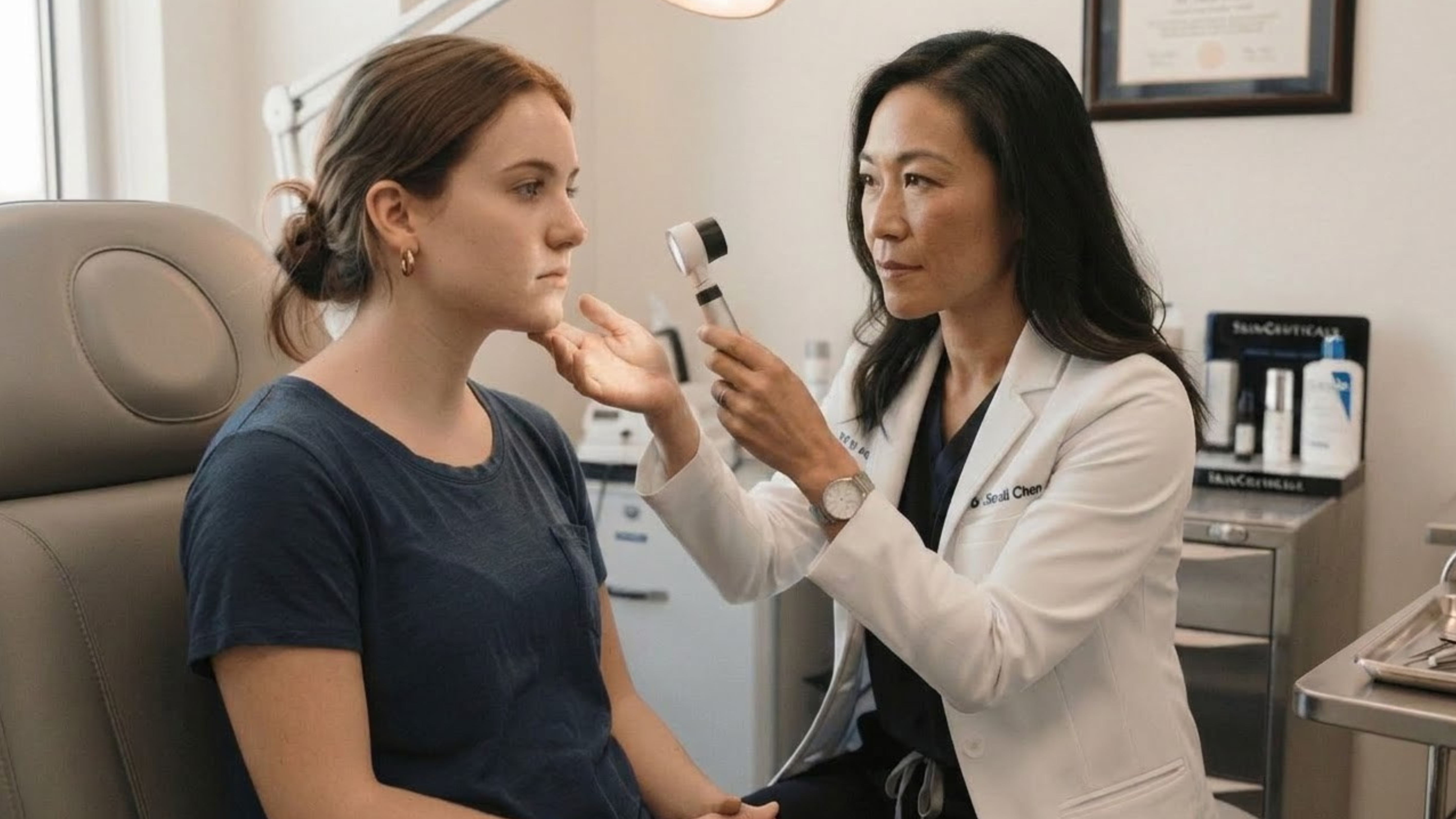 dermatologist examining skin around the mouth and chin during a facial skin evaluation in a medical clinic
