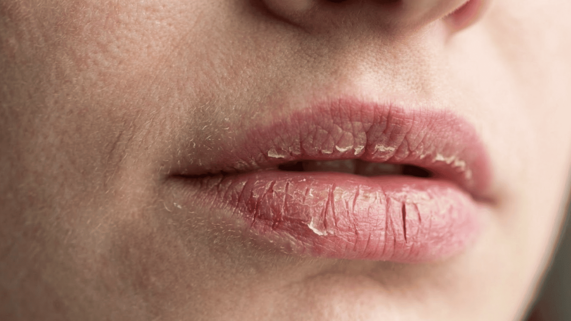 close-up of dry, cracked lips with peeling skin, showing common signs of chapped lips and irritation